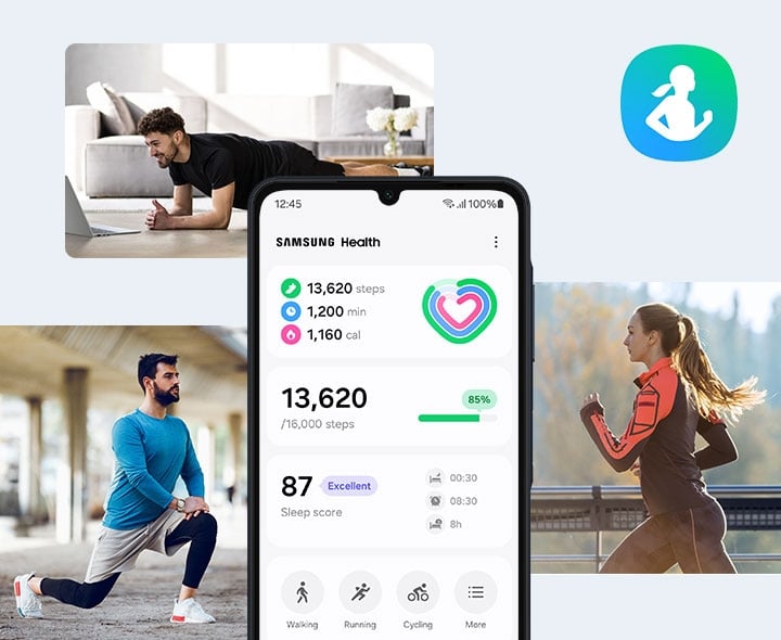 Le Galaxy A06 affichant l’application Samsung Health, avec le nombre de pas et le score de sommeil. Des personnes effectuant diverses activités de fitness (gainage, étirements et course à pied) sont présentées.