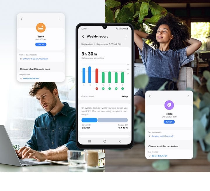 Le Galaxy A06 affiche un rapport hebdomadaire d’utilisation des applications. Une personne travaillant sur un ordinateur portable, une personne se relaxant en s’étirant les bras et des écrans affichant les modes « Travail » et « Détente » sont présentés.