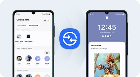 L’écran du téléphone de gauche répertorie les fichiers et les contacts disponibles pour le partage, tandis que le téléphone de droite affiche une notification pour un transfert « Quick Share » avec un aperçu des images partagées et l’icône Quick Share au centre.
