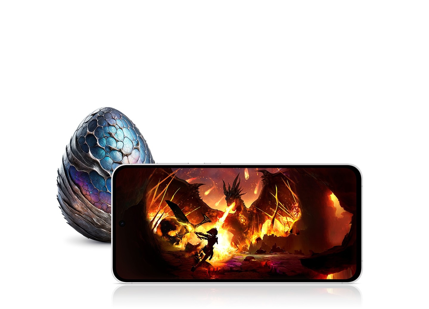 Un Galaxy S24 FE vu de face &agrave; l&rsquo;horizontale, affichant l&rsquo;image &eacute;clatante d&rsquo;un guerrier luttant contre un dragon dans un cadre ardent. Derri&egrave;re l&rsquo;appareil se trouve un &oelig;uf de dragon avec des &eacute;cailles bleues et violettes.