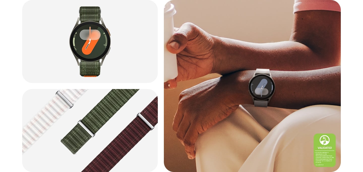 En haut &agrave; gauche, la Galaxy Watch7 avec le bracelet tissu pour Galaxy Watch7 Vert est pr&eacute;sent&eacute;e. En bas &agrave; gauche, trois bracelets de 20&nbsp;mm en Blanc Rose, Vert et Vin sont pos&eacute;s c&ocirc;te &agrave; c&ocirc;te. Sur le c&ocirc;t&eacute; droit, un homme tient un gobelet &agrave; emporter d&rsquo;une main et porte le bracelet tissu pour Galaxy Watch7 sur l&rsquo;autre. Un marquage de validation environnementale UL est affich&eacute; en bas &agrave; droite, indiquant &laquo;&nbsp;L&rsquo;ET-SVL30 CONTIENT UN MINIMUM DE 23&nbsp;% DE MATI&Egrave;RES RECYCL&Eacute;ES POST-CONSOMMATION, AVEC 46&nbsp;% DE MATI&Egrave;RES RECYCL&Eacute;ES POST-CONSOMMATION DANS LE TISSU DE L&rsquo;ET-SVL30. UL.COM/ECV&nbsp;&raquo;.