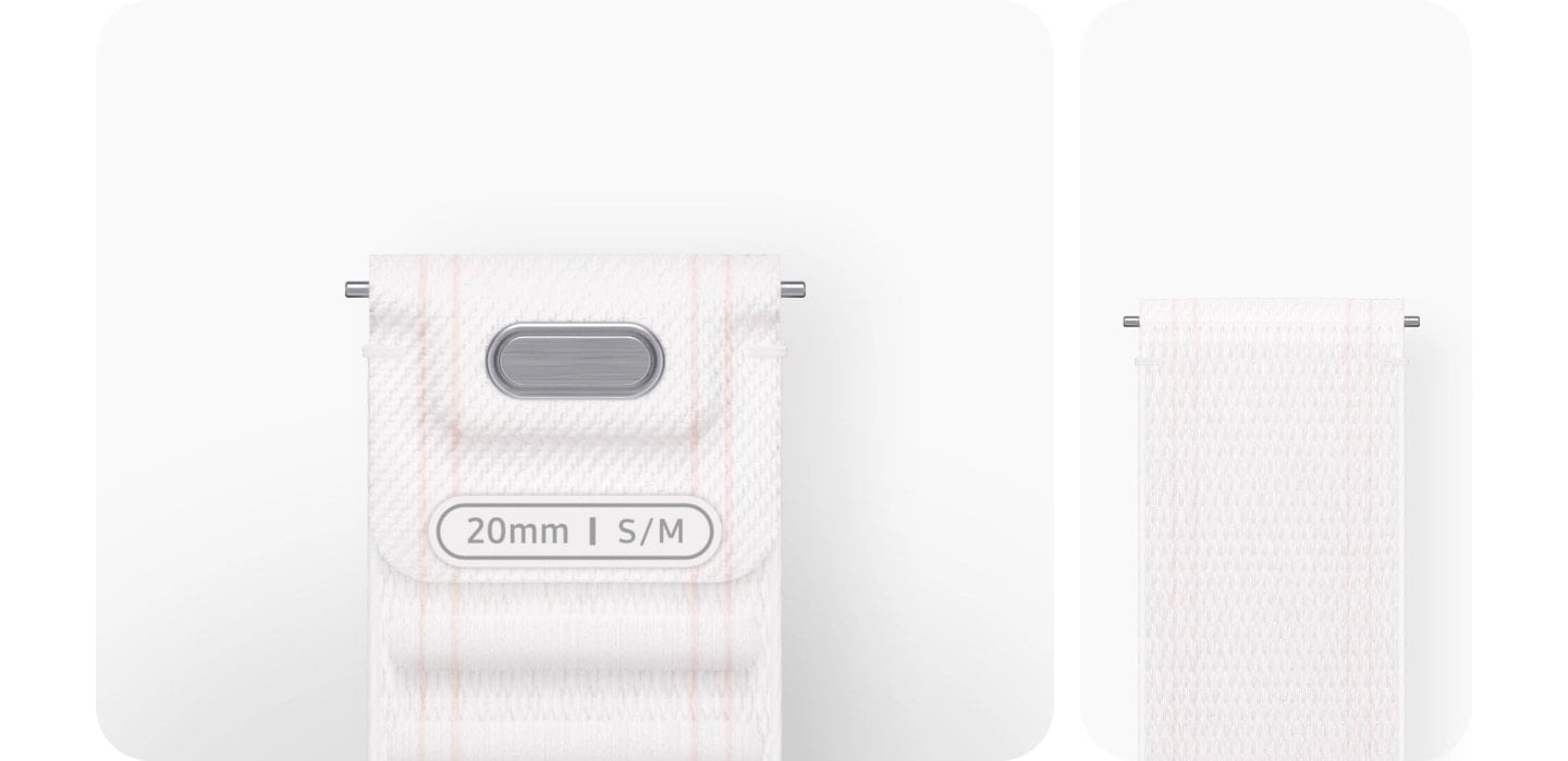 Le bouton de d&eacute;verrouillage sur la doublure int&eacute;rieure du bracelet tissu de 20&nbsp;mm pour Galaxy Watch7 est cliqu&eacute; pour fixer facilement le bo&icirc;tier de la Galaxy Watch au bracelet.