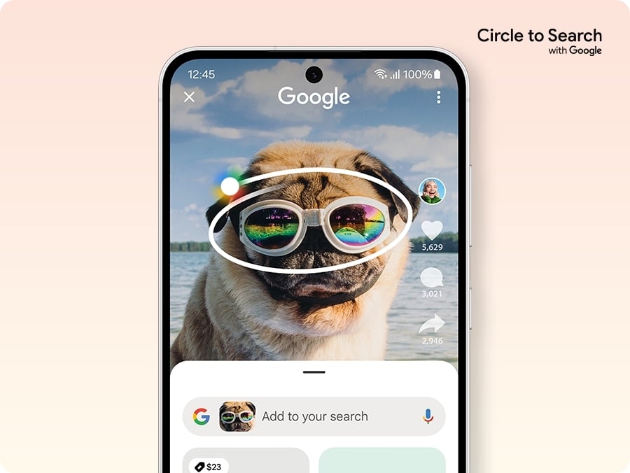 Logo Circle to Search avec Google. Un &eacute;cran de Galaxy S24 FE affiche un bulldog portant des lunettes de soleil, avec un geste circulaire dessin&eacute; autour des lunettes de soleil pour une recherche Google. Sous la photo, les r&eacute;sultats de recherche pour les m&ecirc;mes lunettes de soleil sont affich&eacute;s. Une barre de recherche Google appara&icirc;t en dessous.