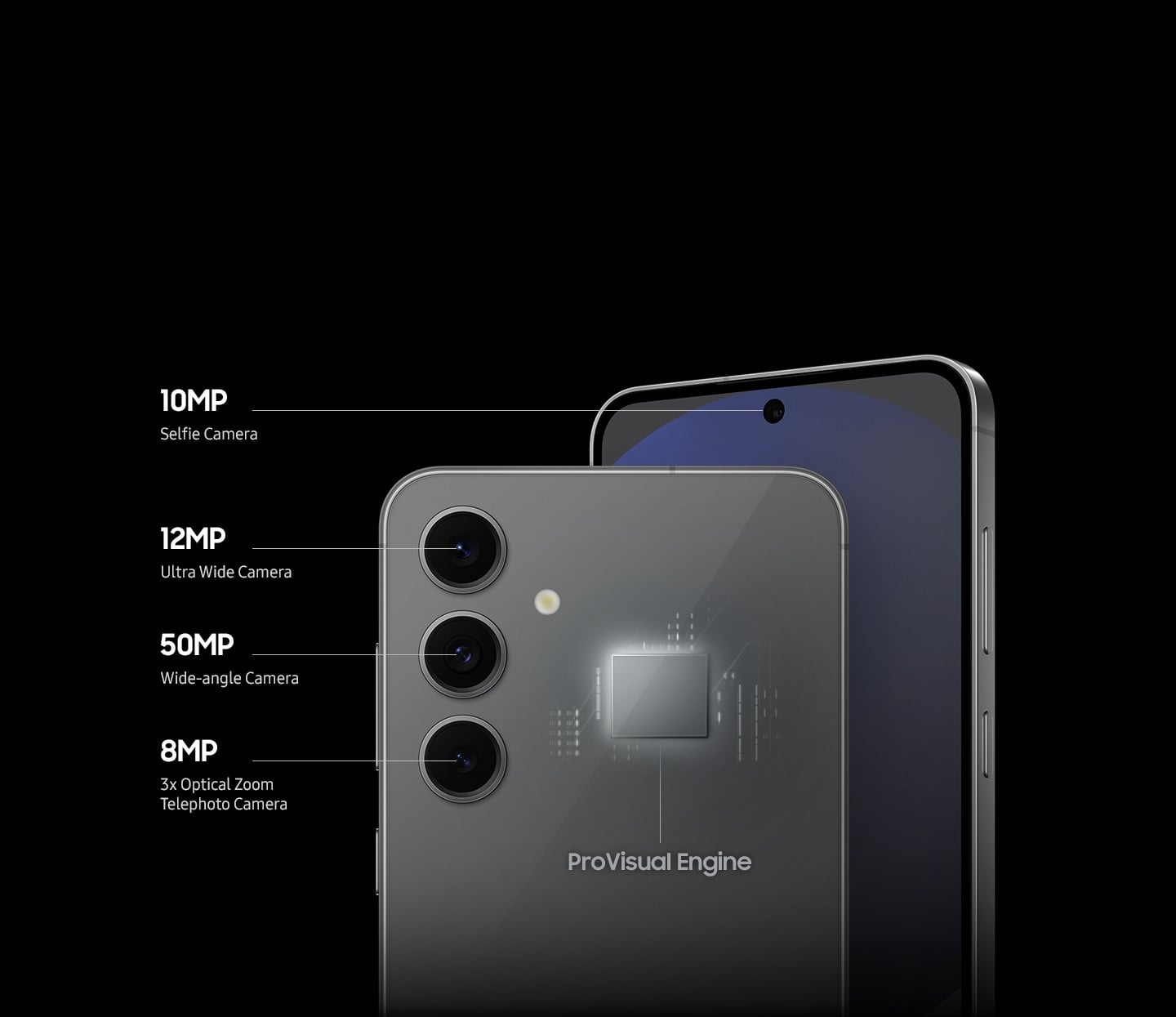 Deux Galaxy S24 FE. L&rsquo;un vu de face, pr&eacute;sentant un appareil photo &agrave; selfie 10&nbsp;MP. L&rsquo;autre vu de dos met en &eacute;vidence trois appareils photo arri&egrave;re &eacute;tiquet&eacute;s objectif ultra grand angle 12&nbsp;MP, objectif grand angle 50&nbsp;MP et t&eacute;l&eacute;objectif &agrave; zoom optique 3x 8&nbsp;MP, avec un moteur ProVisual Engine brillant visible &agrave; l&rsquo;arri&egrave;re de l&rsquo;appareil.