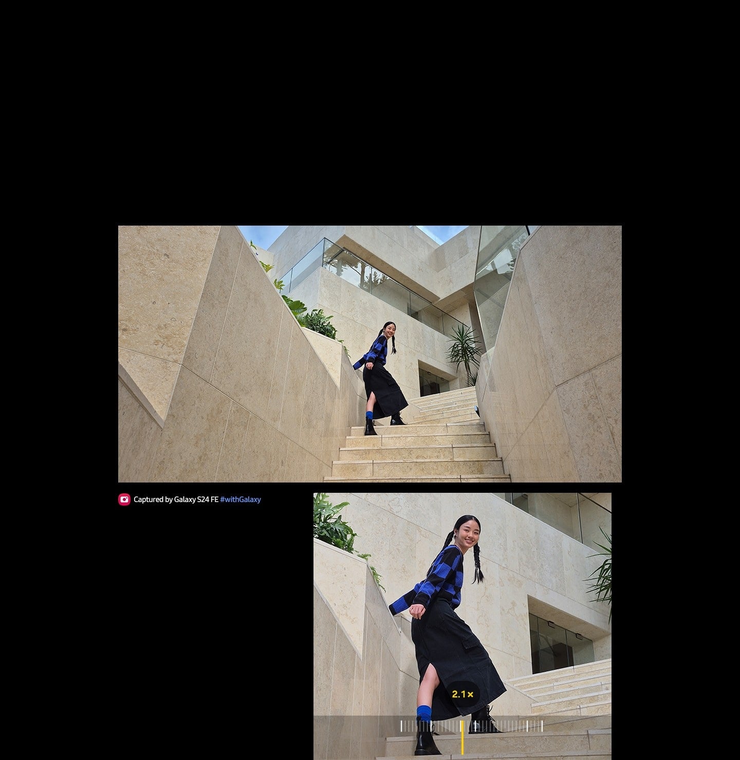 Photo d&rsquo;une femme debout dans un escalier. En dessous, une photo agrandie montre la m&ecirc;me femme, avec l&rsquo;escalier qui semble plus grand. Le texte indique Photo prise avec le Galaxy S24 FE #withGalaxy.