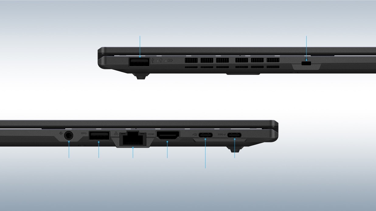 Il y a des vues lat&eacute;rales de deux ordinateurs portables. La droite de gauche &agrave; droite montre une cl&eacute; USB 2.0 Type-A et un verrou Kensington nano. L'ordinateur portable gauche de gauche &agrave; droite affiche une prise combo audio, une prise USB 3.2 Gen1 Type-A, une RJ45, une HDMI, deux ports USB 3.2 type-c. 