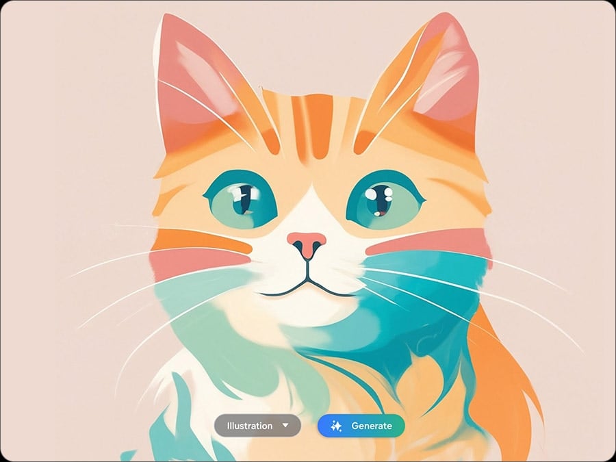 A Galaxy Tab S10 Series device displays an AI-generated image of a cat's face. One button at the bottom shows options for the type of AI-generated image, such as Illustration, while the other button is used to generate the image.