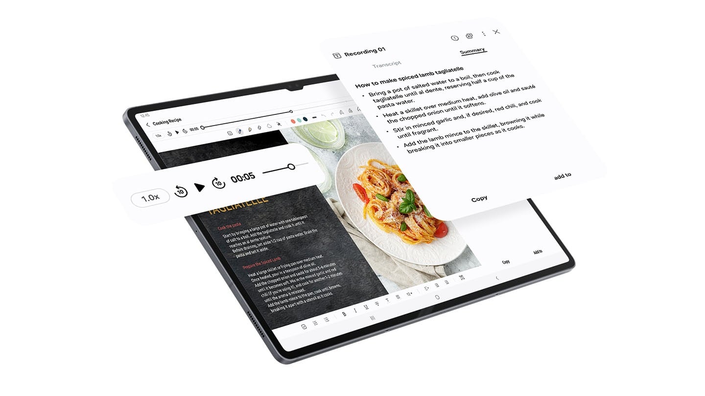 &Eacute;cran de Galaxy Tab S10 avec Note Assist ouvert. Un zoom avant affiche un S Pen appuyant sur l&rsquo;ic&ocirc;ne Plus d&rsquo;options en haut &agrave; droite. Le S Pen clique sur l&rsquo;enregistrement vocal pour lancer la capture audio. Le S Pen appuie sur le bouton R&eacute;sum&eacute; et un r&eacute;sum&eacute; de l&rsquo;audio enregistr&eacute; appara&icirc;t sur le c&ocirc;t&eacute; droit de l&rsquo;&eacute;cran.