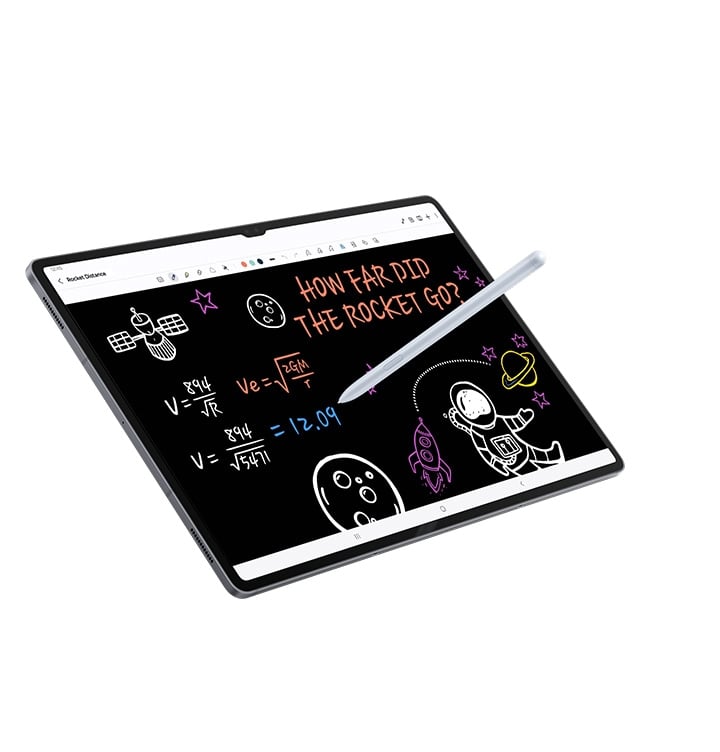 L&rsquo;&eacute;cran de la Galaxy Tab S10 avec Note Assist ouvert montre des dessins repr&eacute;sentant l&rsquo;espace, y compris un astronaute, un satellite et des plan&egrave;tes, ainsi que des &eacute;critures. Un S Pen est en train d&rsquo;&eacute;crire &agrave; l&rsquo;&eacute;cran.