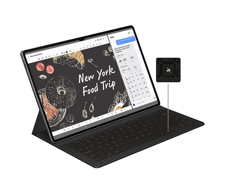 Une Galaxy Tab S10 avec un clavier Book Cover Keyboard est l&eacute;g&egrave;rement inclin&eacute;e vers la droite, affichant l&rsquo;application Note Assist &agrave; l&rsquo;&eacute;cran. L&rsquo;&eacute;cran est divis&eacute; pour afficher une conversation avec Bixby d&rsquo;un c&ocirc;t&eacute;. Un gros plan met en surbrillance la touche IA du clavier, indiquant son emplacement.