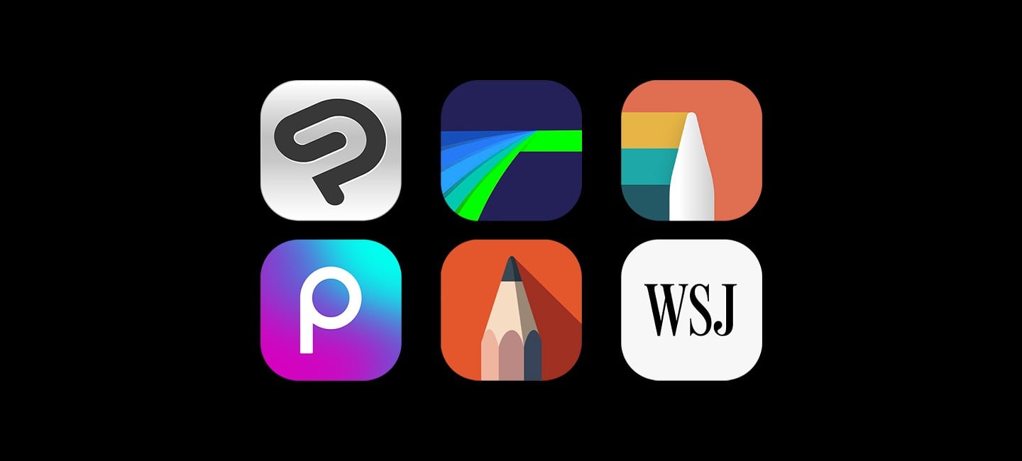 Ic&ocirc;nes d&rsquo;application de Clip Studio Paint, LumaFusion, Noteshelf3, Picsart, Sketchbook et Wall Street Journal.
