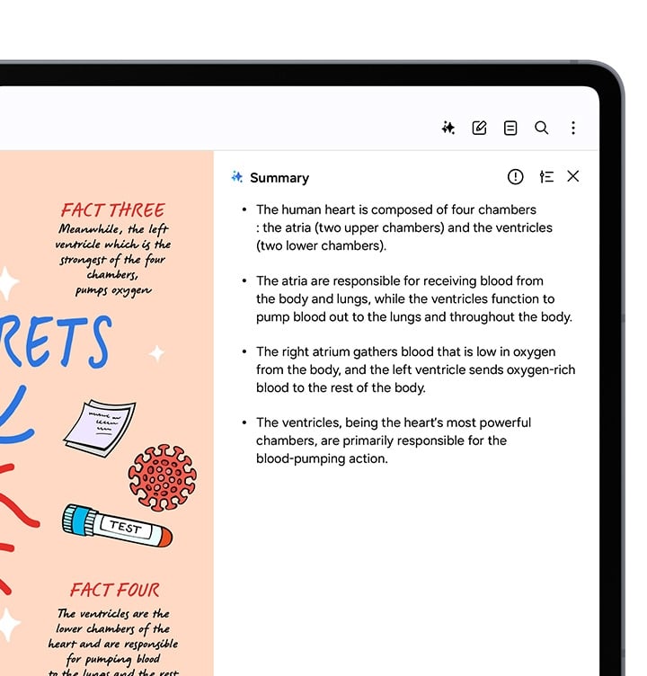 Une partie de l&rsquo;&eacute;cran de la tablette montre l&rsquo;application Note Assist en cours d&rsquo;utilisation, affichant un diagramme avec des illustrations et des textes manuscrits. Sur le c&ocirc;t&eacute; droit de l&rsquo;&eacute;cran, les notes num&eacute;riques li&eacute;es au diagramme sont soigneusement organis&eacute;es.