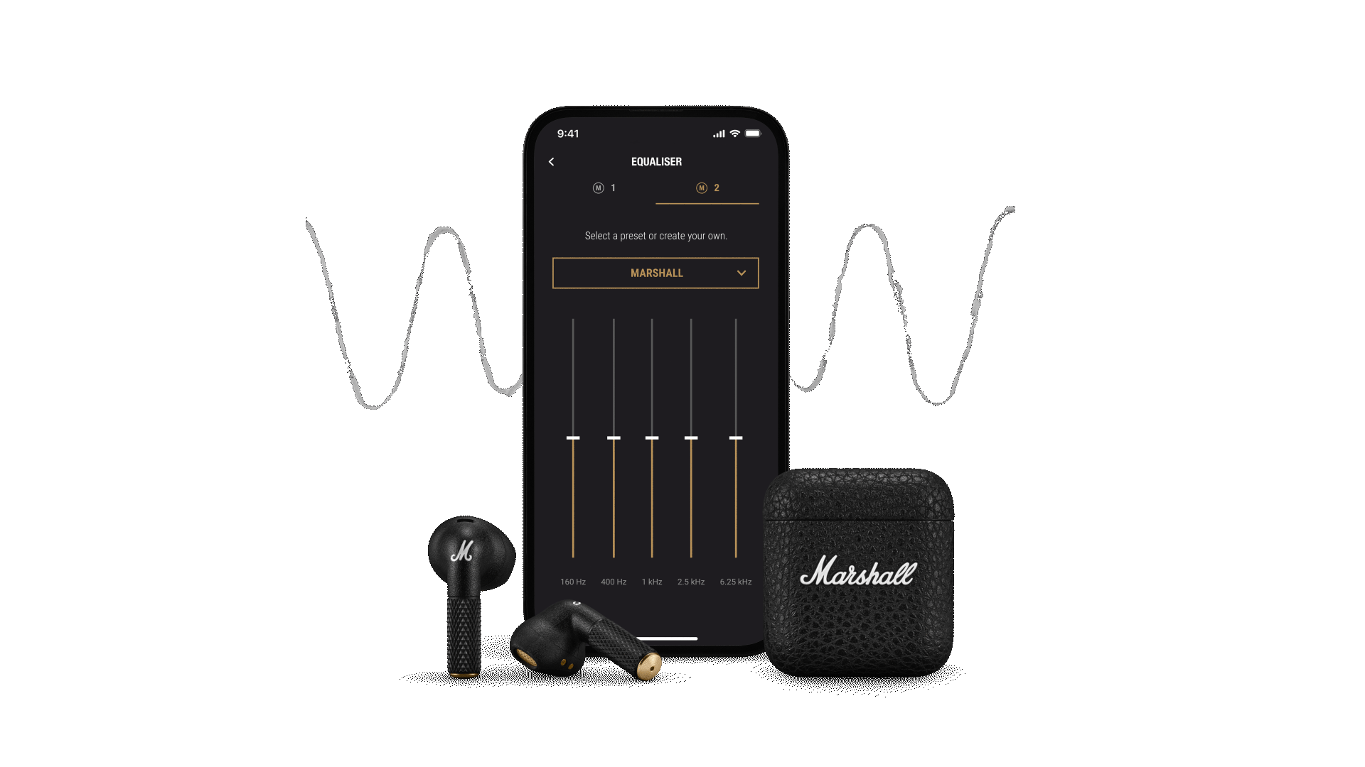 Les écouteurs sans fil Marshall Minor IV sont couplés à un smartphone et à l'application Marshall.