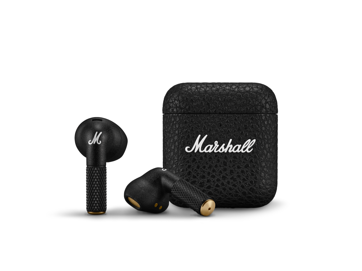 Écouteurs sans fil Marshall Minor IV Black avec étui de chargement texturé.