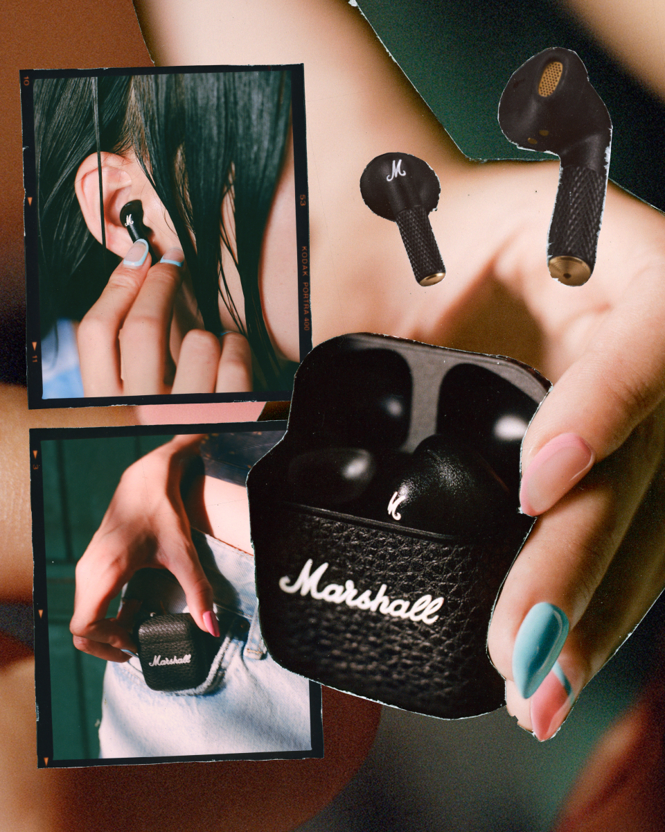 Un collage présentant les écouteurs sans fil Marshall Minor IV Black.