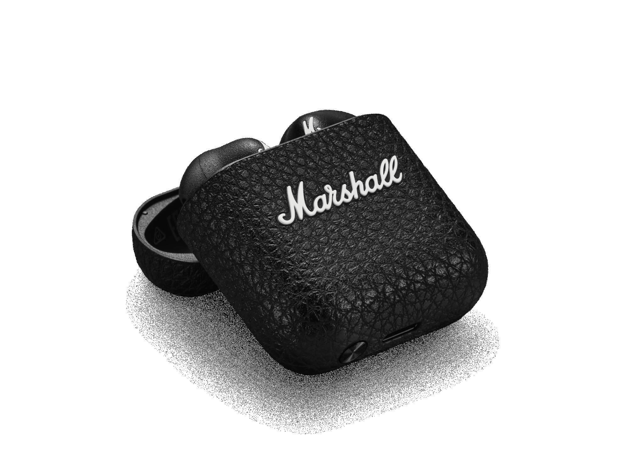 L'&eacute;tui de charge du Marshall Minor IV noir s'ouvre et laisse appara&icirc;tre les &eacute;couteurs.