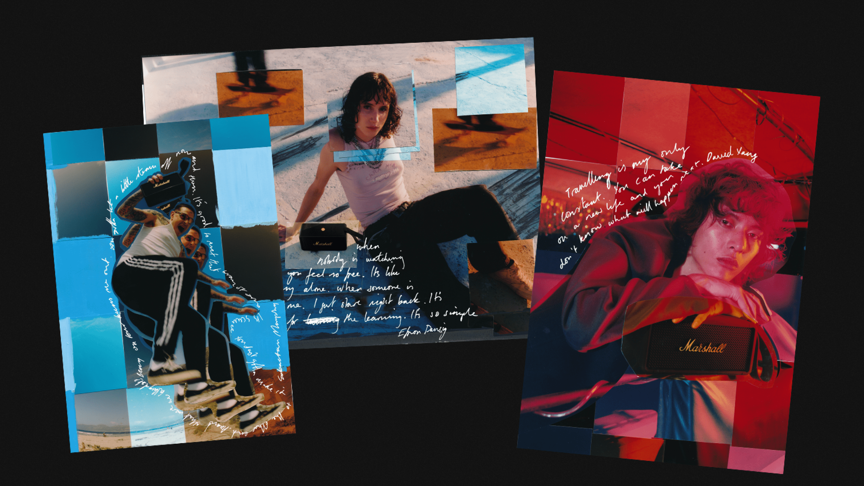 Collage de trois photos de personnes tenant à la main leur Marshall Middleton Speakers