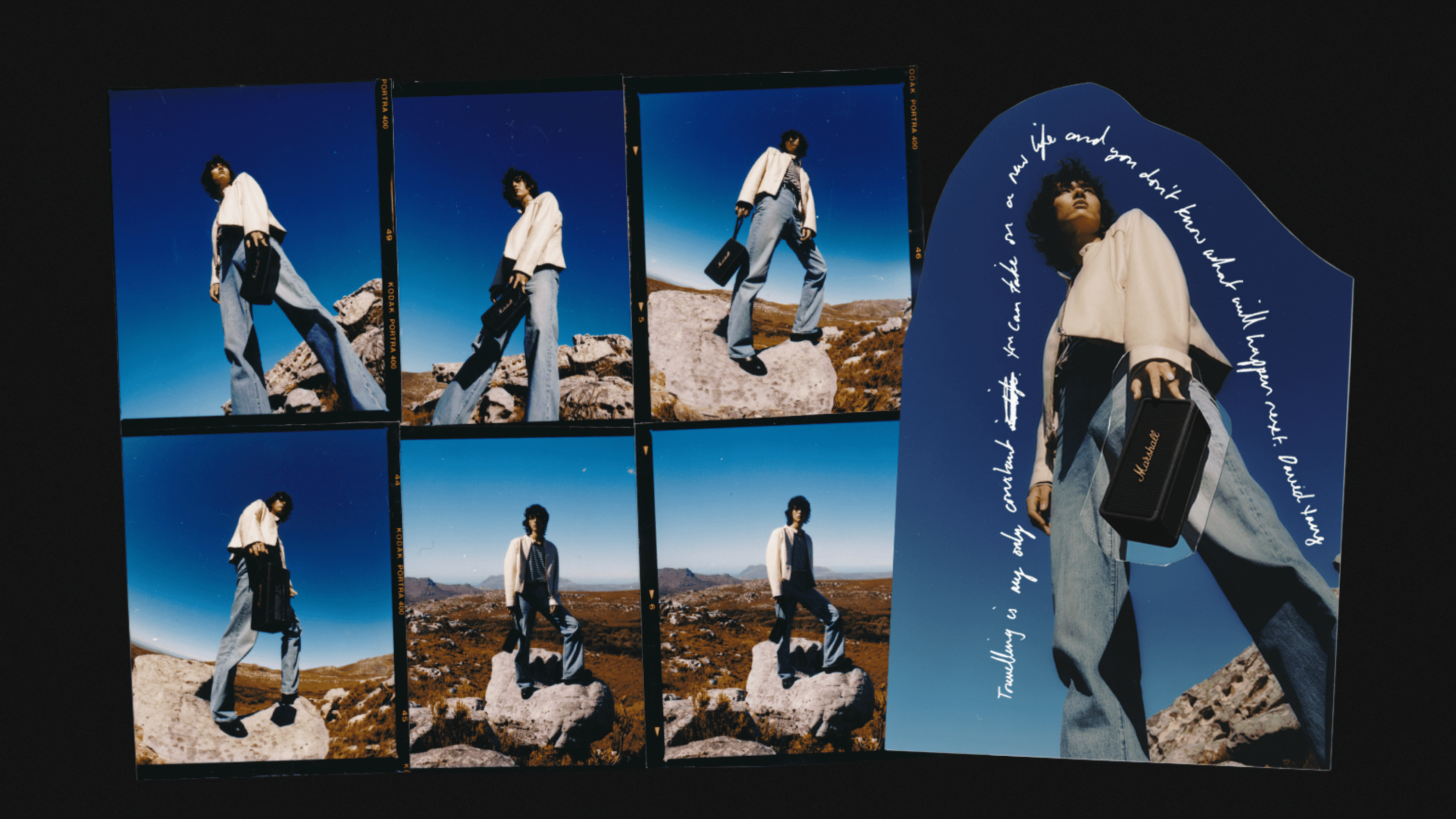 Collage de 7 photos d'un homme au sommet d'un rocher tenant le Marshall Middleton Black Speaker par une journée ensoleillée.