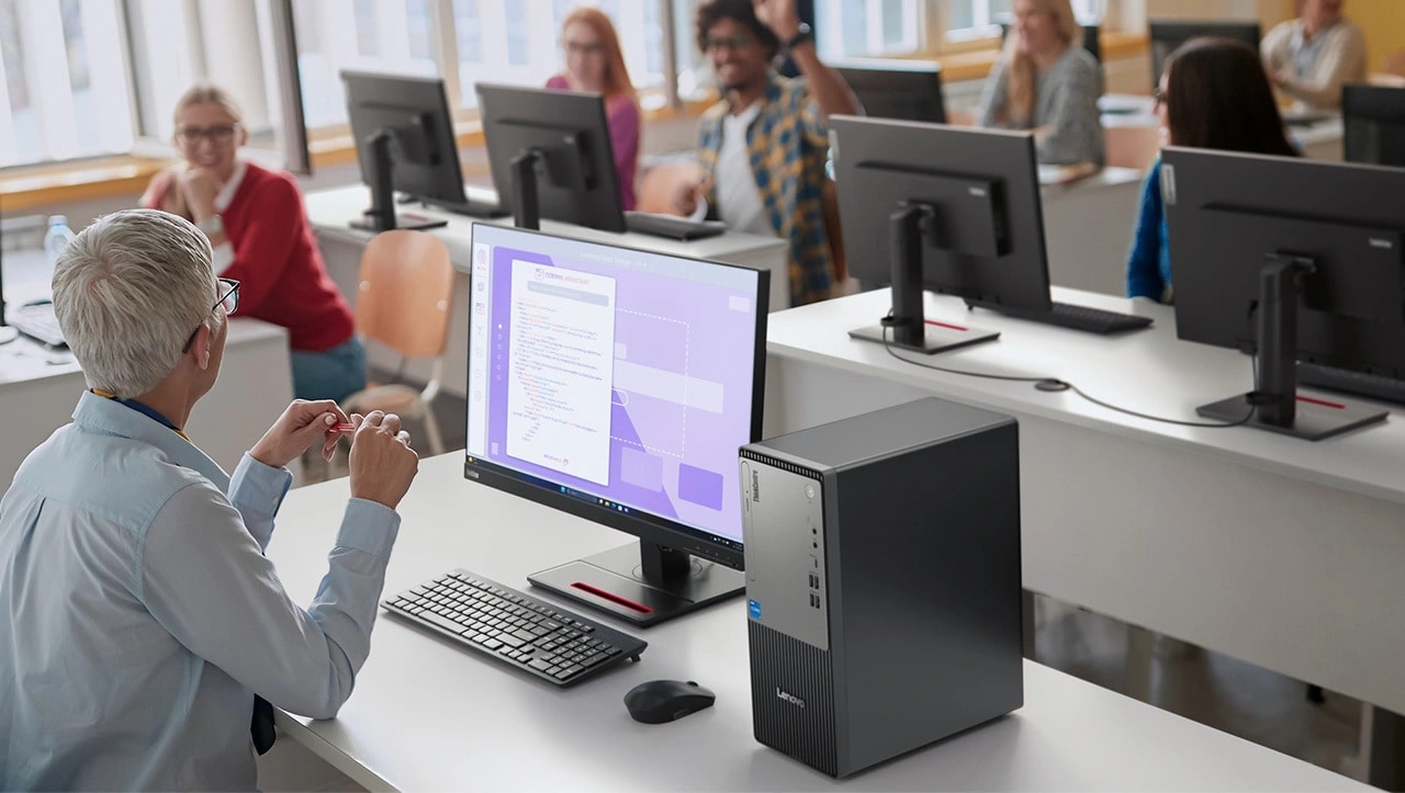 Tour Lenovo ThinkCentre Neo 50t Gen 5 (Intel) pour des performances professionnelles et un travail d'équipe de qualité.