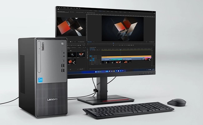 Tour Lenovo ThinkCentre Neo 50t Gen 5 (Intel) avec GPU Intel Arc discret pour des projets créatifs.