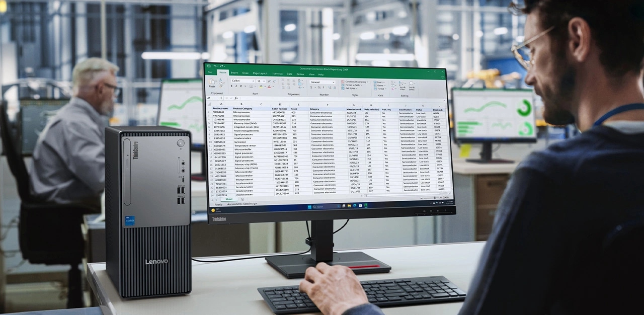 Tour Lenovo ThinkCentre Neo 50t Gen 5 (Intel) avec un vaste espace de stockage, des options de mémoire et un GPU discret.