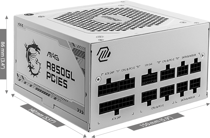 MSI MAG A850GL PCIE5 BLANC PUISSANCE COMPACT DIMENSIONNEMENT