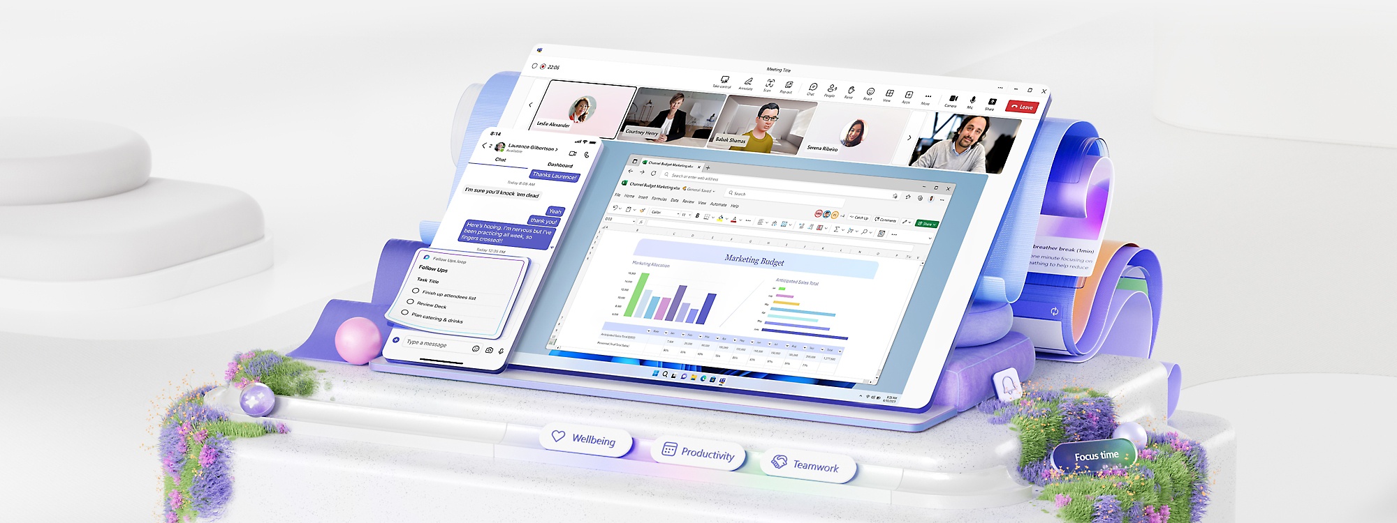 A mobile display of a text conversation in Teams and a desktop display of a Teams video call with many participants.