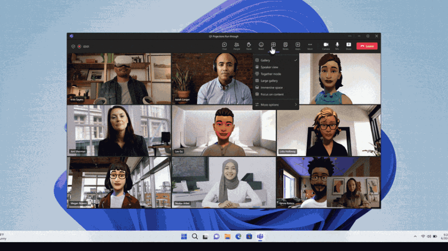 Vid&eacute;o anim&eacute;e montrant un groupe de personnes lors d&rsquo;un appel vid&eacute;o Microsoft choisissant un environnement de r&eacute;union immersive en&nbsp;3D.