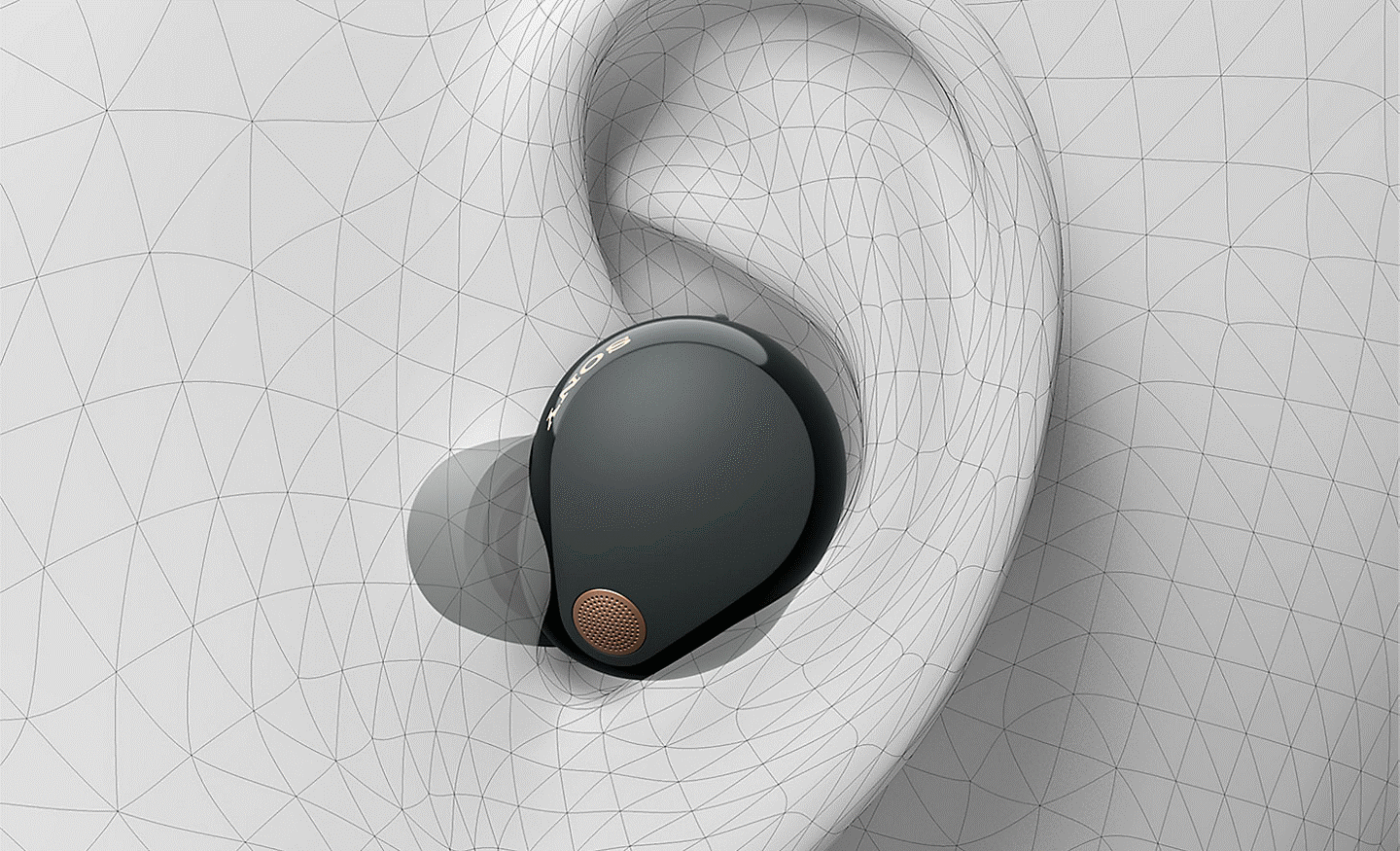 Image d'un &eacute;couteur WF-1000XM5 log&eacute; dans une oreille dessin&eacute;e en 3D