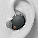Image d'un &eacute;couteur WF-1000XM5 log&eacute; dans une oreille dessin&eacute;e en 3D
