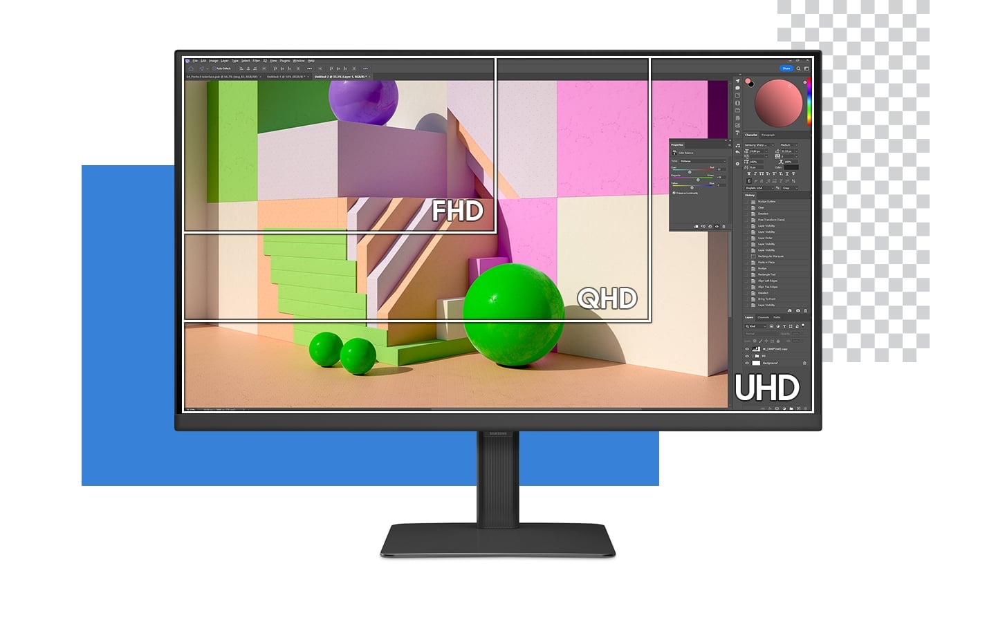 Le moniteur est affich&eacute; avec un logiciel de retouche photo, &eacute;ditant une image de boules et de blocs color&eacute;s. Un carr&eacute; &agrave; l&rsquo;int&eacute;rieur souligne une partie de l&rsquo;image, avec le texte "FHD" dessus, montrant que FHD ne montrerait qu&rsquo;une partie de l&rsquo;&eacute;cran. Le texte "QHD" montre que QHD ne montre qu&rsquo;une partie de l&rsquo;&eacute;cran. Et, le texte "UHD" est en bas &agrave; droite du moniteur, montrant que la taille pleine est UHD.