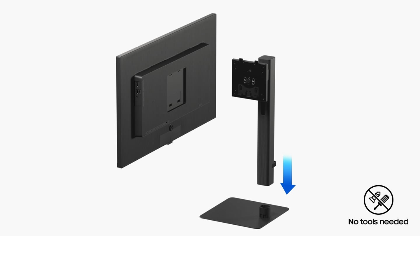 Le pied est ins&eacute;r&eacute; dans le support. Et le pied tourne vers l&rsquo;arri&egrave;re du moniteur et il est finalement fix&eacute; &agrave; l&rsquo;arri&egrave;re du moniteur. Le message &laquo;&nbsp;Easy Setup!&nbsp;&raquo; est affich&eacute;. Et l&rsquo;ic&ocirc;ne &laquo;&nbsp;Aucun outil requis&nbsp;&raquo; &agrave; c&ocirc;t&eacute; du moniteur est affich&eacute;e.