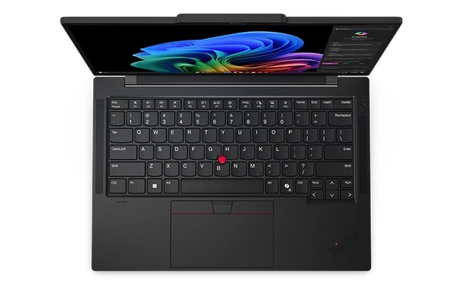 Vue de dessus du clavier repensé de l'ordinateur portable Lenovo ThinkPad T14s Gen 6, avec TrackPad et TrackPoint.