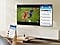 A person watches 2 different screens on their TV simultaneously. They have one screen displaying a soccer match and the second screen mirroring their mobile with live stats.