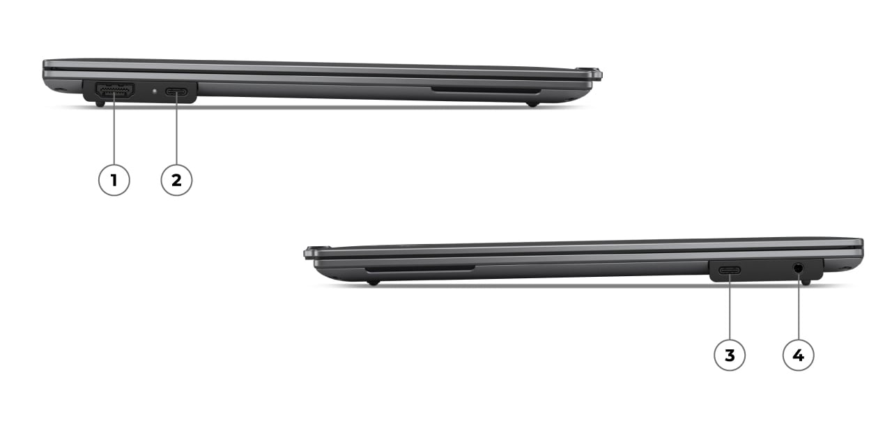 Le portable Lenovo ThinkPad X9 14 Aura Edition est doté de deux ports USB-C Thunderbolt 4 (un de chaque côté), d’un port HDMI 2.1 et d’un connecteur mixte pour écouteurs/micro, étiquetée 1-4.