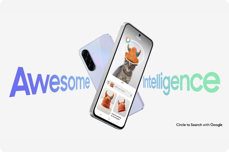 Two Galaxy A36 5G devices turning to form an X shape with Awesome Intelligence. The one in the front is displaying a cat with a hat. The hat is circled with Circle to Search feature and Google search result appears to show similar hats. Text Circle to Search with Google appears at the bottom right.