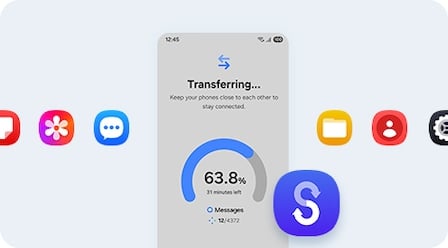 A smartphone displaying a data transfer process. Around the phone are colorful app icons and a Smart Switch logo.