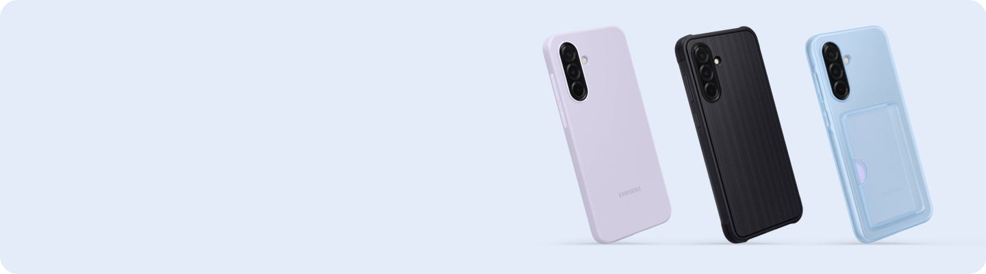 Three Galaxy A36 5G devices, each in different cases.