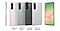 Six Galaxy A56 5G devices. The one in the far left is in side view to indicate the slim thickness of Galaxy A56 5G. The next four devices are in the same tilted rear view with each matching color name Awesome Pink, Awesome Olive, Awesome Graphite, Awesome Lightgray underneath. On the very right is a Galaxy A56 5G in a slightly tilted front view with an abstract graphic onscreen.
