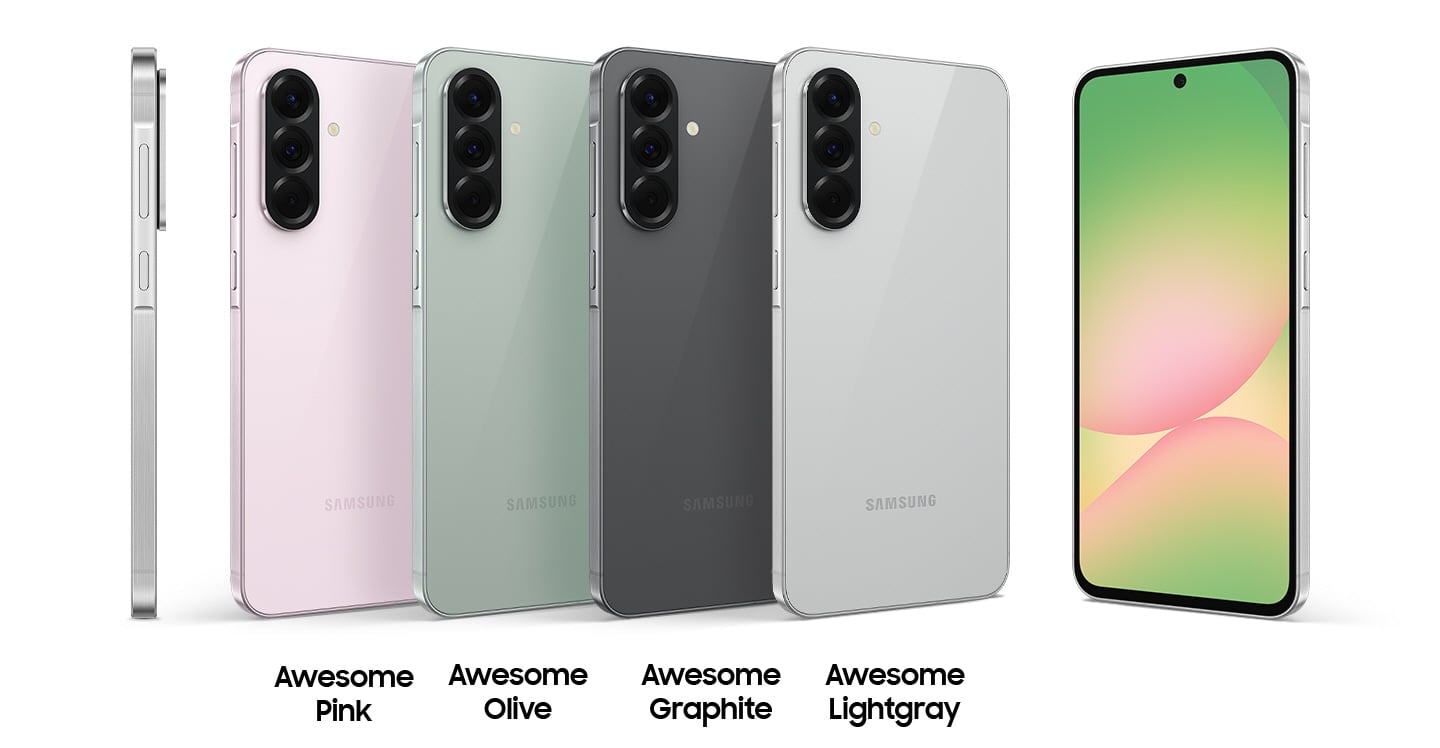 Six Galaxy A56 5G devices. The one in the far left is in side view to indicate the slim thickness of Galaxy A56 5G. The next four devices are in the same tilted rear view with each matching color name Awesome Pink, Awesome Olive, Awesome Graphite, Awesome Lightgray underneath. On the very right is a Galaxy A56 5G in a slightly tilted front view with an abstract graphic onscreen.