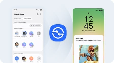 The left phone's screen lists files and contacts available for sharing, while the right phone displays a notification for an incoming 'Quick Share' transfer with a preview of shared images, Quick Share icon in the center.