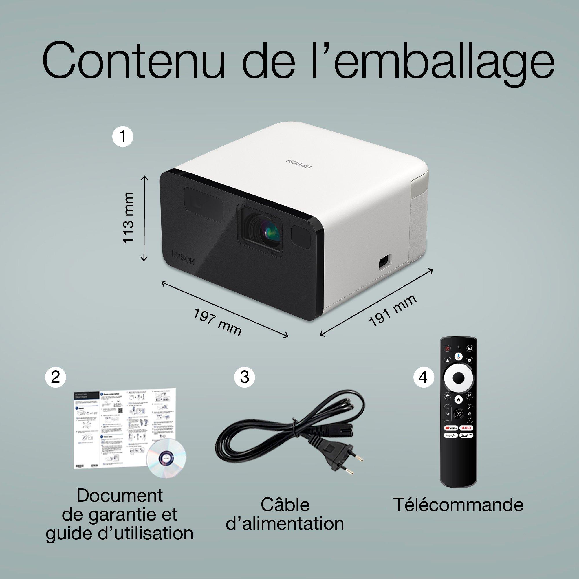 EF-21W, Mini projecteur laser, 1&nbsp;000&nbsp;lumens, Affichage jusqu&rsquo;&agrave; 150&nbsp;pouces, Google TV&trade; et haut-parleur Bluetooth, Portable whats in the box
