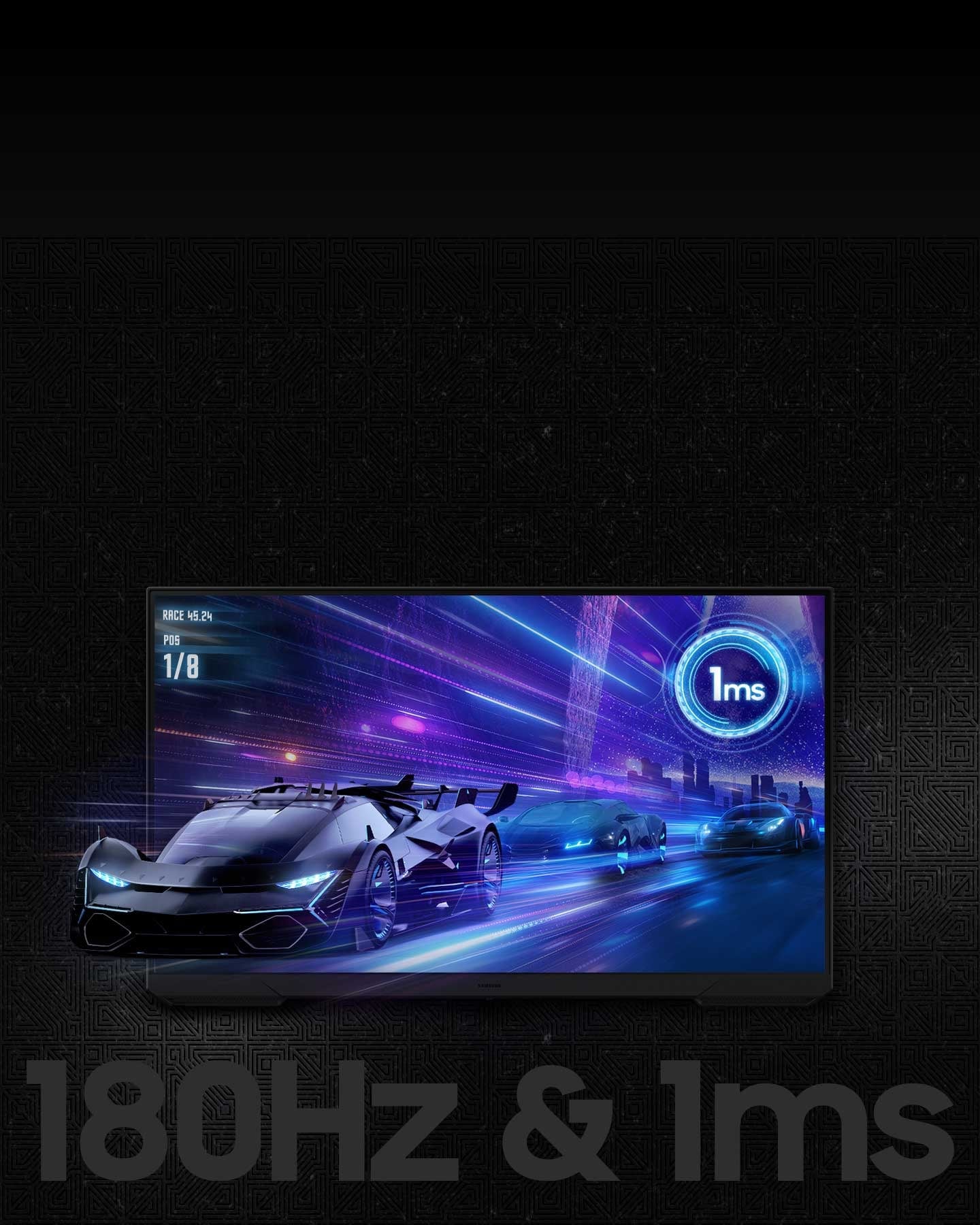 An Odyssey monitor shows a car racing scene on its screen. Three cars speed away from a city skyline. The front of the lead car is coming off the monitor's screen. A logo on the top right corner communicates the spec: "1ms". A text below the monitor also communicates the specs: &ldquo;180Hz refresh rate and 1ms response time&rdquo;