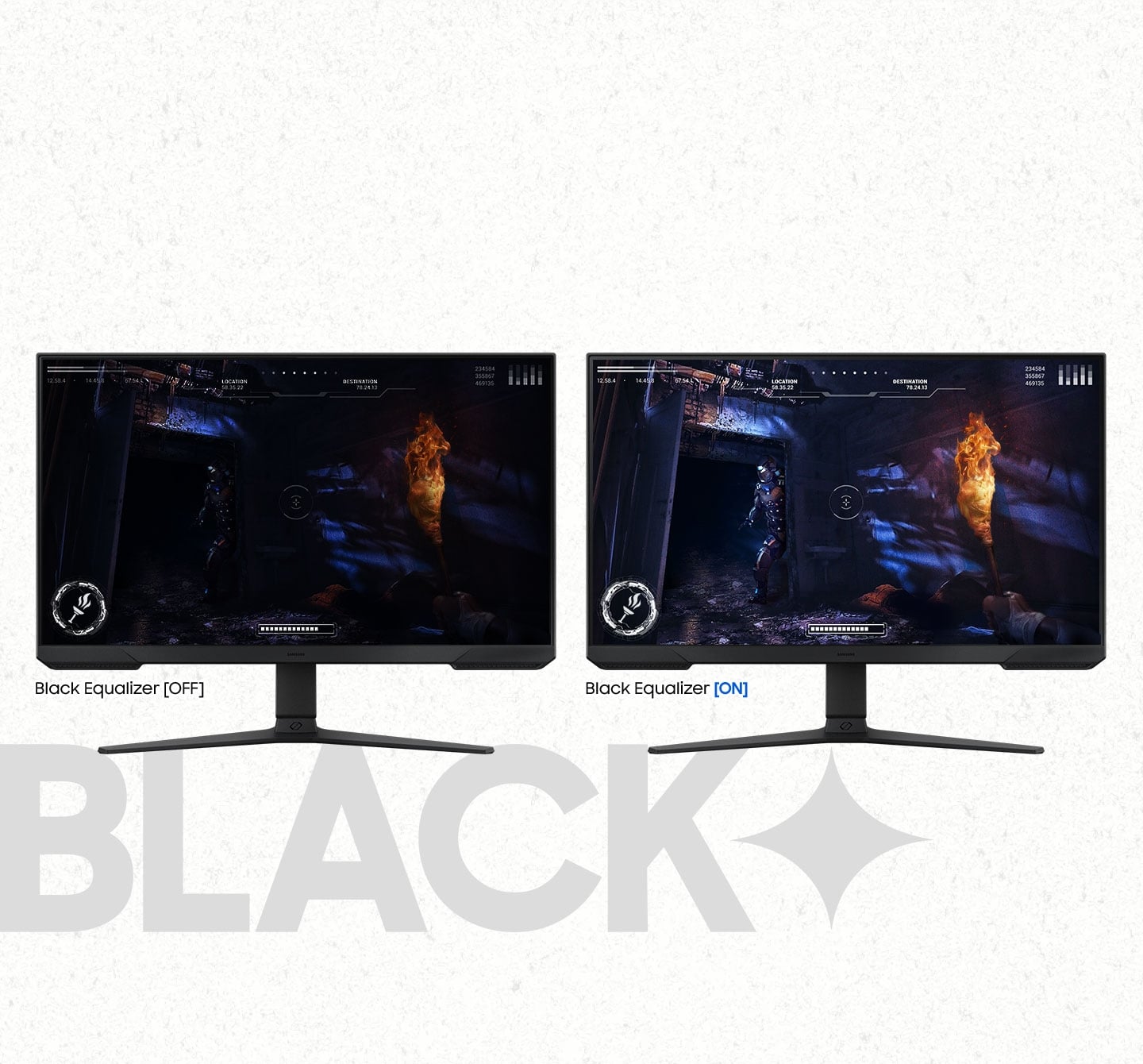Two monitors are standing side by side. Black Equalizer feature is turned off on the monitor on the left side so it is hard to spot an enemy hiding in the shadow with a fire torch. On the monitor on the right side, black Equalizer feature is turned on so an enemy hiding in the shadow is now visible. A text below the monitor is written &ldquo;Black&rdquo;.