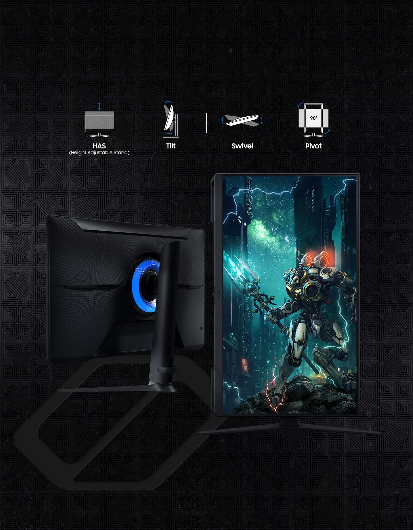 Two monitors show off the front and back designs of the G3. The monitor on the left shows the backside of the monitor featuring a stand that can adjust different heights. The monitor on the right has its screen pivoted fully vertical and on the screen shows robots standing on a rainy planet with a spear in its hand. Above the monitors shows a grid of ergonomic features from HAS(Height Adjustable Stand) and tilt capabilities to the swivel and 90&ordm; pivot flexibility. An Odyssey logo is added at the bottom of the monitor on the left.