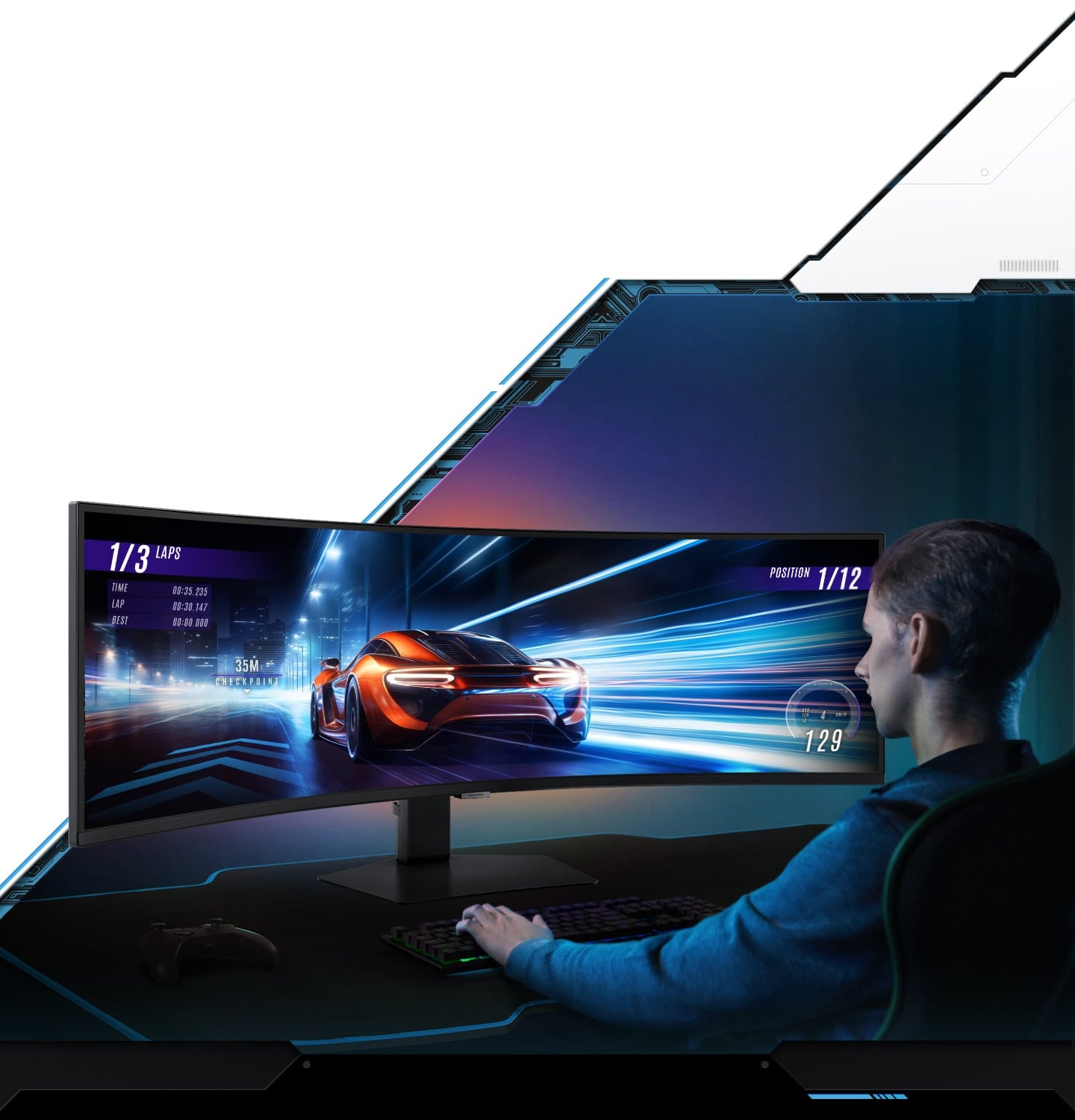 Des sc&egrave;nes saisissantes vous entourent pour une immersion totale. D&eacute;couvrez un niveau de jeu plus intense que jamais. L&rsquo;&eacute;cran 1000R ultra large de 49&nbsp;pouces en r&eacute;solution Dual QHD remplit chaque partie de votre vision p&eacute;riph&eacute;rique et vous plonge dans la peau du personnage.
