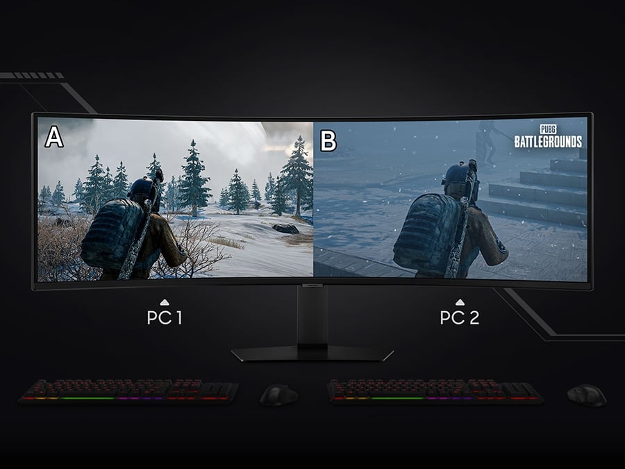 An Odyssey monitor is shown alongside a laptop and a PC and the laptops cable is running to the monitor, with PC 1 signal on the left upper side of the screen. But as the PC turns on, connecting to the monitor, it changes the signal to PC 2 signal