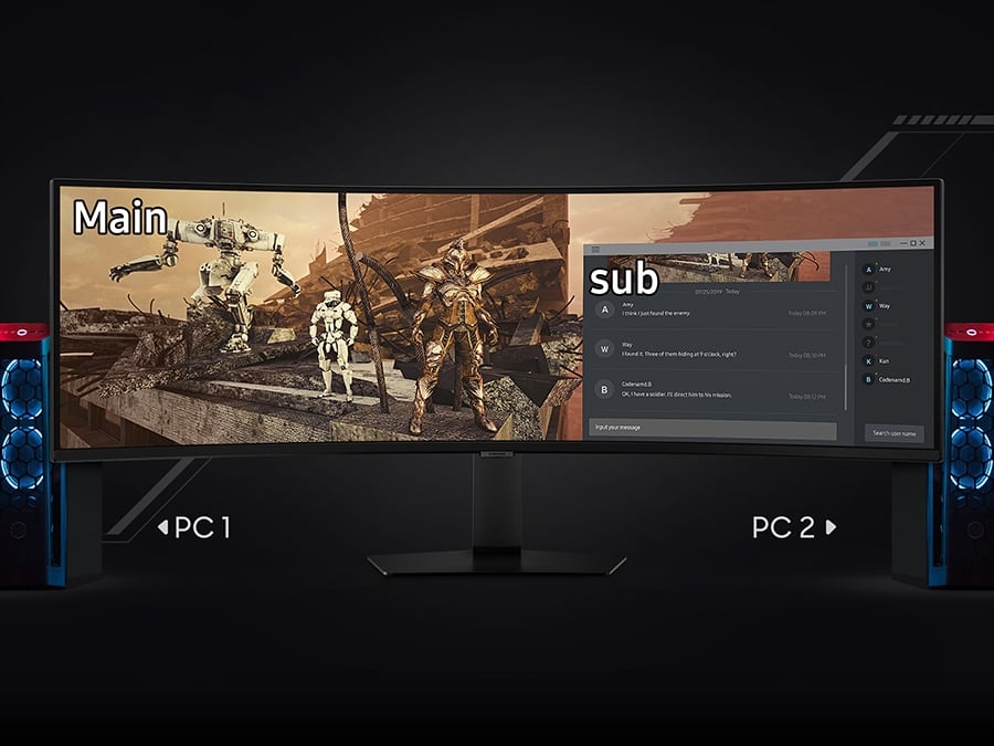 An Odyssey monitor is shown alongside a laptop and a PC and the laptops cable is running to the monitor, with PC 1 signal on the left upper side of the screen. But as the PC turns on, connecting to the monitor, it changes the signal to PC 2 signal