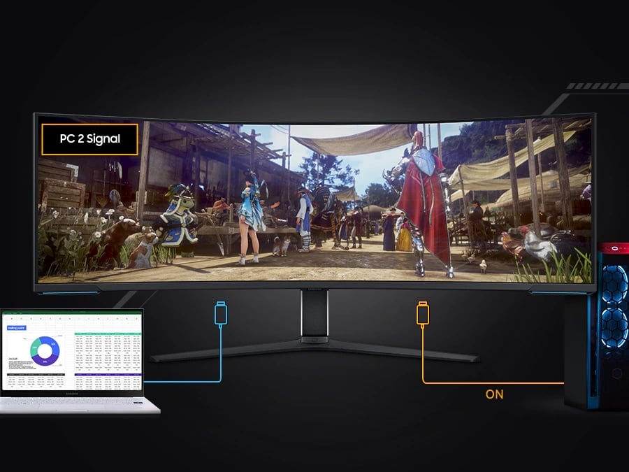 An Odyssey monitor is shown alongside a laptop and a PC and the laptops cable is running to the monitor, with PC 1 signal on the left upper side of the screen. But as the PC turns on, connecting to the monitor, it changes the signal to PC 2 signal