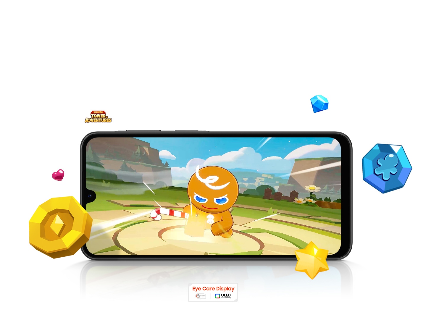 A Galaxy A26 5G device running the mobile game Cookie Run in landscape mode. Game items are scattered around the screen. Nearby are the COOKIE RUN TOWER OF ADVENTURES logo and the Eye Care Display and OLED technology logo.